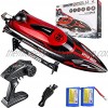 HJ808 RC Boats 20 +MPH High Speed Remote Control Boat for Lake Pools 2.4Ghz RC Boat with LED Light Remote Control Boat with 2 Rechargeable Batteries RC Boats for Adults & Kids Red
