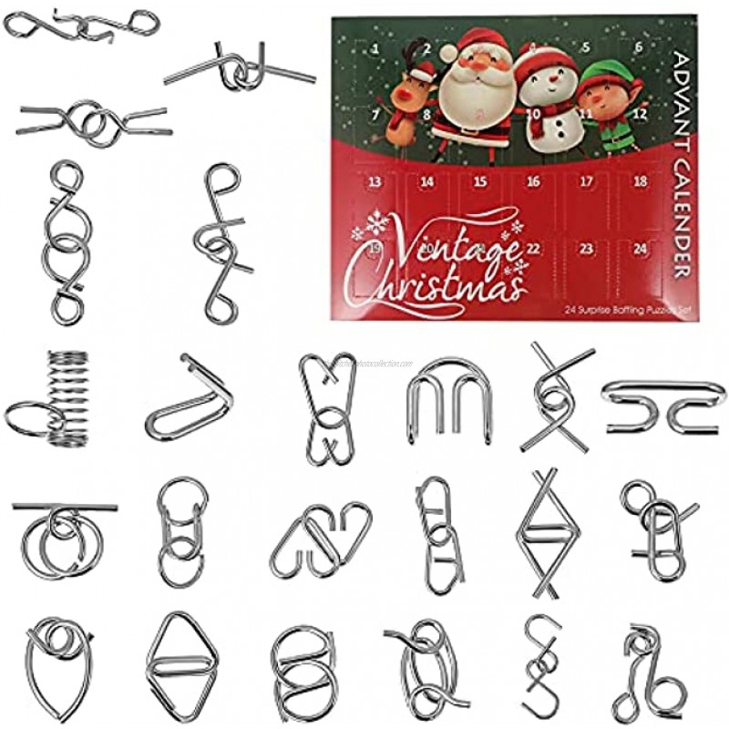 Brain Teaser Puzzles Toy 24 Pieces Metal Assembly Disentanglement Puzzle with Christmas Advent Countdown Calendar for Adults Teens and Kids