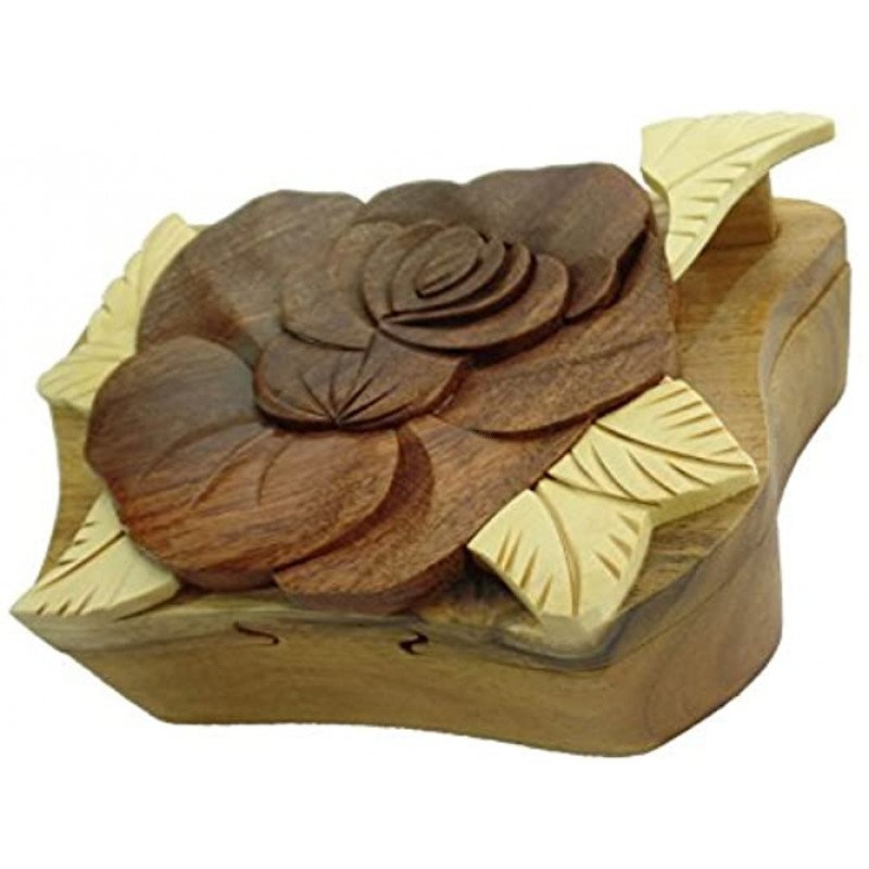Rose Flower Love Mother Hand-Carved Puzzle Box with No Paints! No Stains! Hidden Felt Lined Interior That hides Jewelry Gift Cards or Money. No Two Will Ever be Identical! Pet Carvers