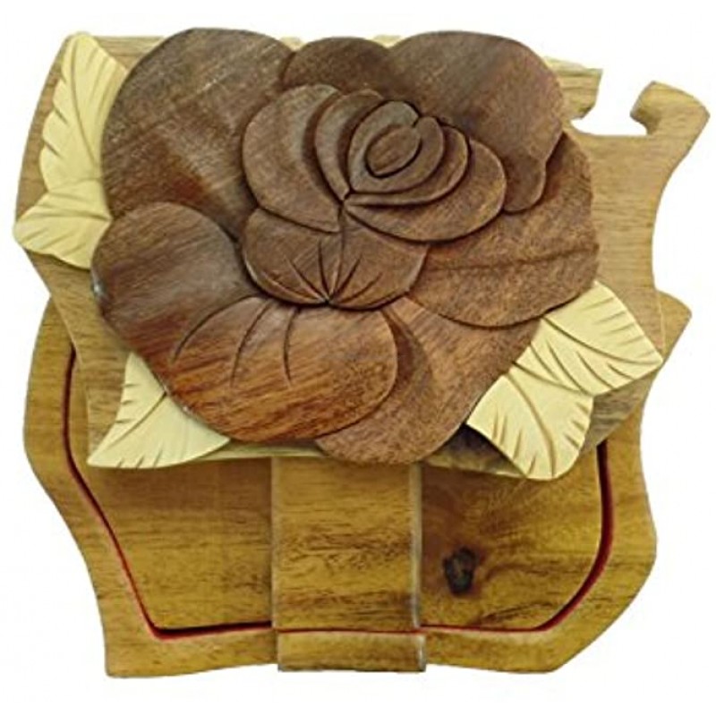 Rose Flower Love Mother Hand-Carved Puzzle Box with No Paints! No Stains! Hidden Felt Lined Interior That hides Jewelry Gift Cards or Money. No Two Will Ever be Identical! Pet Carvers