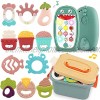 Baby Teether Rattle Play Toy 11pcs Grab Shakers Set and Electronic Music & Light Dinosaur Phone Toy Green w  Storage Box Educational Stroller Gift for Infant Newborn Girl Boy 12-18 Months