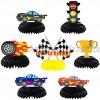 BeYumi 7Pcs Race Car Honeycomb Centerpieces Decorations Let’s Go Racing Party Table Toppers 3D Double-Sided Cake Toppers Photo Booth Props Party Favors Supplies for Baby Shower Kids Boys Birthday