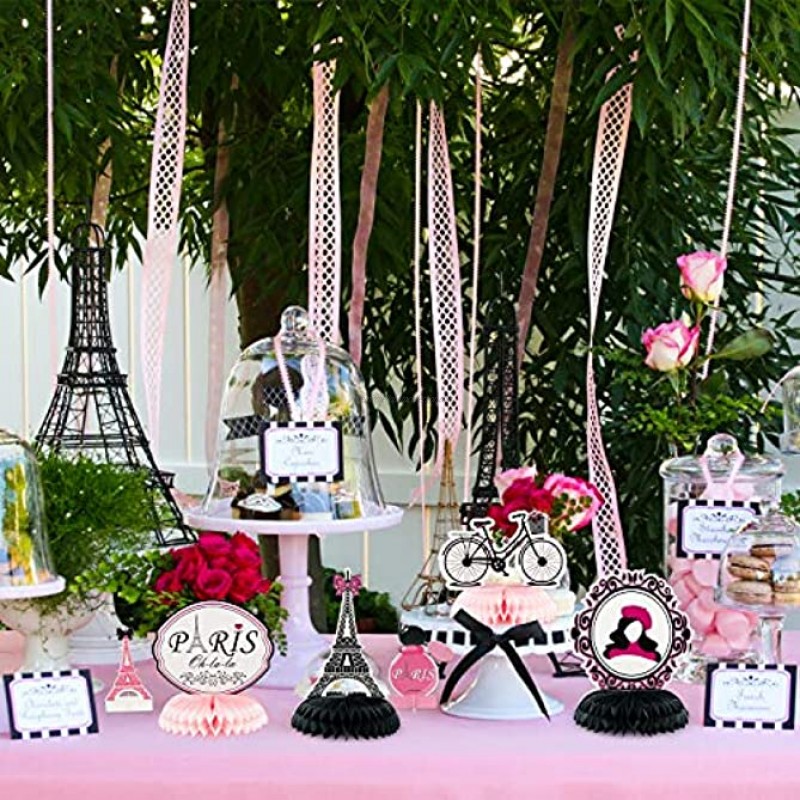 MALLMALL6 12Pcs Paris Honeycombs Centerpieces Party in Paris Party Supplies Birthday Baby Shower Decorations Girls Dream Paris Themed Photo Booth Romantic Eiffel Tower Pink Table Topper for Home