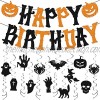 Halloween Party Decorations Set Happy Birthday Banner with Halloween Hanging Swirls for Ghost Tombstone Blood Hand Bat Witches Pumpkin Spider Skull Cat Theme Halloween Birthday Party Supplies