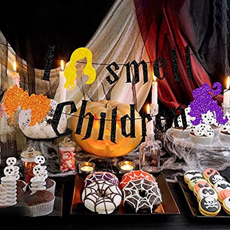 I Smell Children Halloween Banner Black Glitter Halloween Party Decorations Hocus Pocus Decorations I Smell Children Decorations Halloween Decorations for Home Fireplace Mantel Office