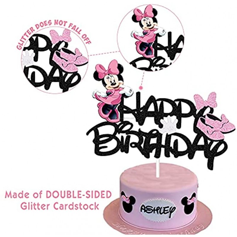 GZDUCK Minnie Cake Topper,Black Glitter Minnie Mouse Inspired Happy Birthday Cake Topper with Pink Bows and White Gloves Girls Birthday Party Decorations SuppliesDouble-sided