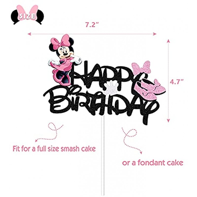 GZDUCK Minnie Cake Topper,Black Glitter Minnie Mouse Inspired Happy Birthday Cake Topper with Pink Bows and White Gloves Girls Birthday Party Decorations SuppliesDouble-sided