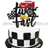 Two Fast Cake Topper Race Car 2nd Cake Decoration for Racing Car Checkered Flag Themed Kids Boy Girl 2 Years Old Happy 2s Birthday Party Supplies Double Sided
