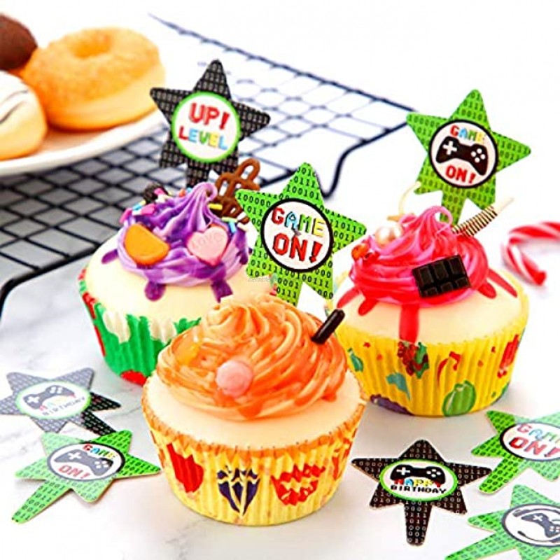 24 Pieces Video Game Cupcake Toppers Game on Cake Decorations Level up Cupcake Picks for Gaming Theme Party Favors Boys Kids Birthday Supplies 6 Styles