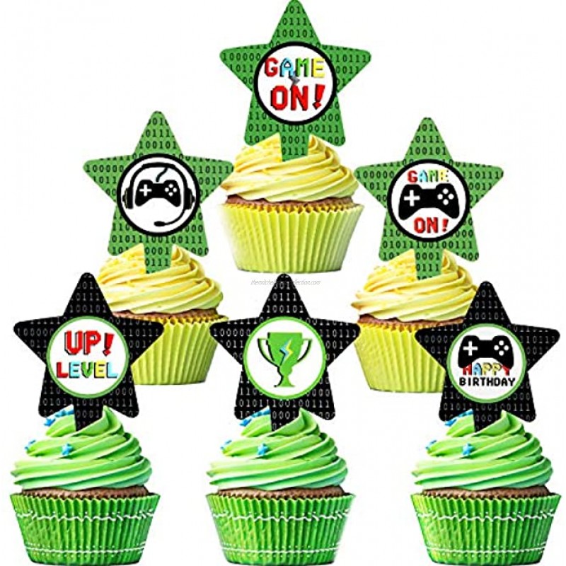 24 Pieces Video Game Cupcake Toppers Game on Cake Decorations Level up Cupcake Picks for Gaming Theme Party Favors Boys Kids Birthday Supplies 6 Styles