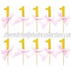 HOKPA Number One Cupcake Toppers Glitter With Pink Ribbon Bow 1st One Birthday Decorations Kids' Gathering DIY Home Theme Party Food Fruit Cake Picks for Baby Shower Decor 20PCS Gold