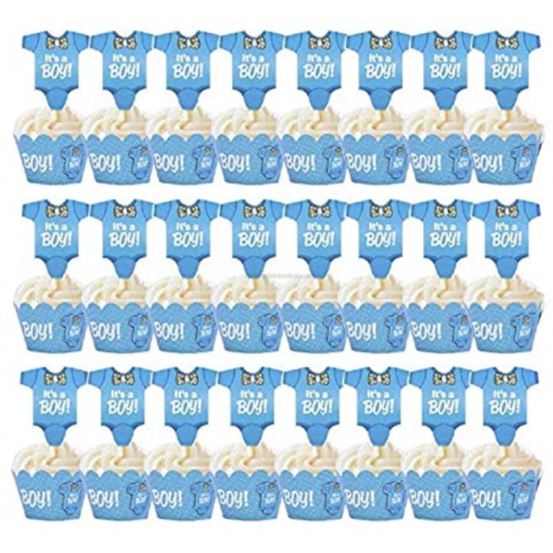 Tongker Set of 24 It’s A Boy Blue Jumpsuit Cupcake Toppers with Wrappers for Boy Baby Shower Cupcake Decorating Boys Birthday Party Cake Decor