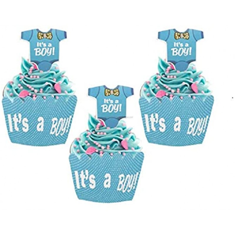 Tongker Set of 24 It’s A Boy Blue Jumpsuit Cupcake Toppers with Wrappers for Boy Baby Shower Cupcake Decorating Boys Birthday Party Cake Decor