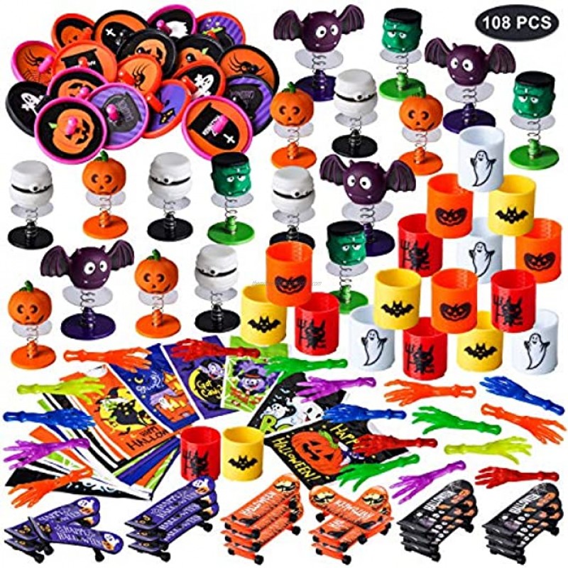 JOYIN 108 Pcs Halloween Game Toy Gifts for Kids 18 Pack Goodie Bags Sticky Hands Poppers Mini Skateboard Spinning Tops and Spring Toys for Kids Halloween Party Favors Trick or Treat