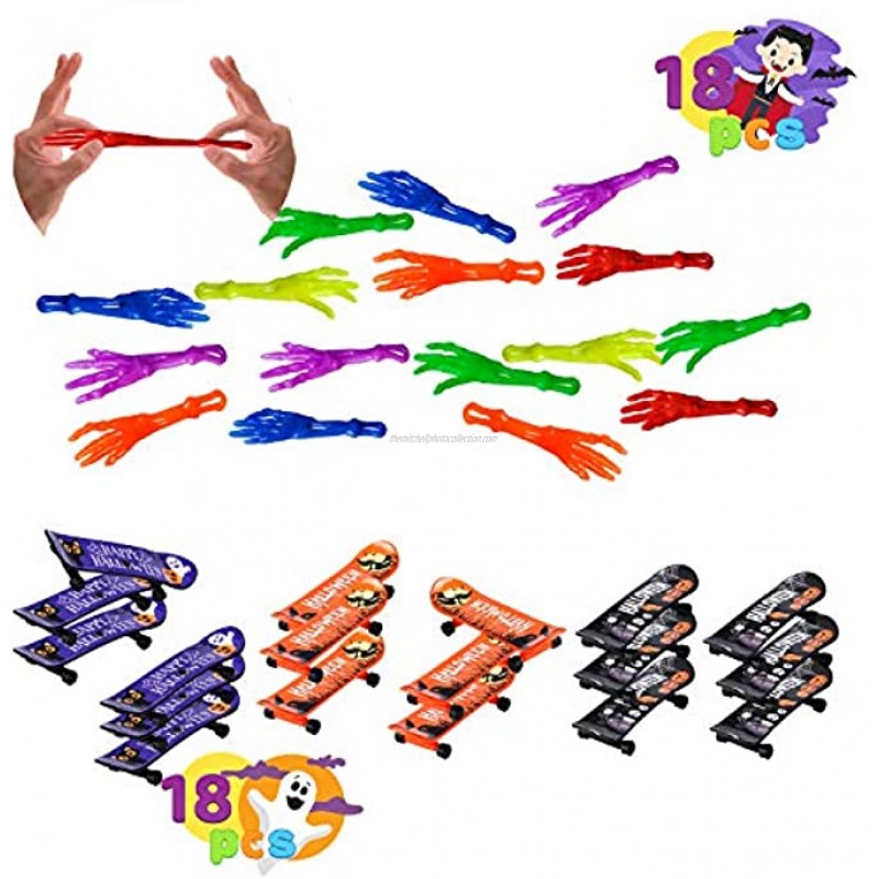 JOYIN 108 Pcs Halloween Game Toy Gifts for Kids 18 Pack Goodie Bags Sticky Hands Poppers Mini Skateboard Spinning Tops and Spring Toys for Kids Halloween Party Favors Trick or Treat