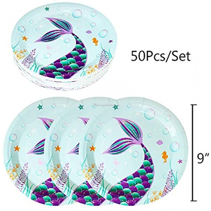 WERNNSAI Mermaid Plates and Napkins Set Serves 50 Guests 100 PCS Mermaid Party Supplies Disposable Paper Dinner Tableware for Birthday Baby Shower Pool Beach Picnic Park Party