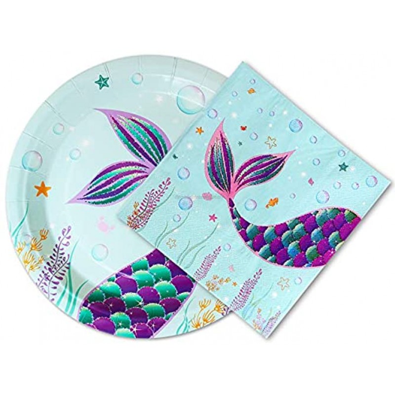 WERNNSAI Mermaid Plates and Napkins Set Serves 50 Guests 100 PCS Mermaid Party Supplies Disposable Paper Dinner Tableware for Birthday Baby Shower Pool Beach Picnic Park Party