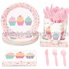 Cupcake Party Supplies Paper Plates Napkins Cups and Plastic Cutlery Serves 24 144 Pieces