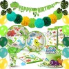 Dinosaur Party Supplies Little Dino Party Decorations Set for Kids Birthday Party Table Cover Plates Cups Napkins Utensils Goody Bags Swirls Party signs Birthday Banner & Balloons Serves 16 Guests