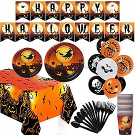 Halloween Party Tableware Set-Including Halloween Pumpkin Tablecloths and Disposable Plates Paper Cups Forks Spoons Knives Happy Halloween Banner Balloon Halloween Party Supplies