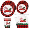Ruisita 122 Pieces Buffalo Plaid Party Tableware with Truck and Christmas Tree Red and Black Plaid Christmas Party Supplies Paper Plates Cups Napkins for Christmas Party Serves 24 Guests