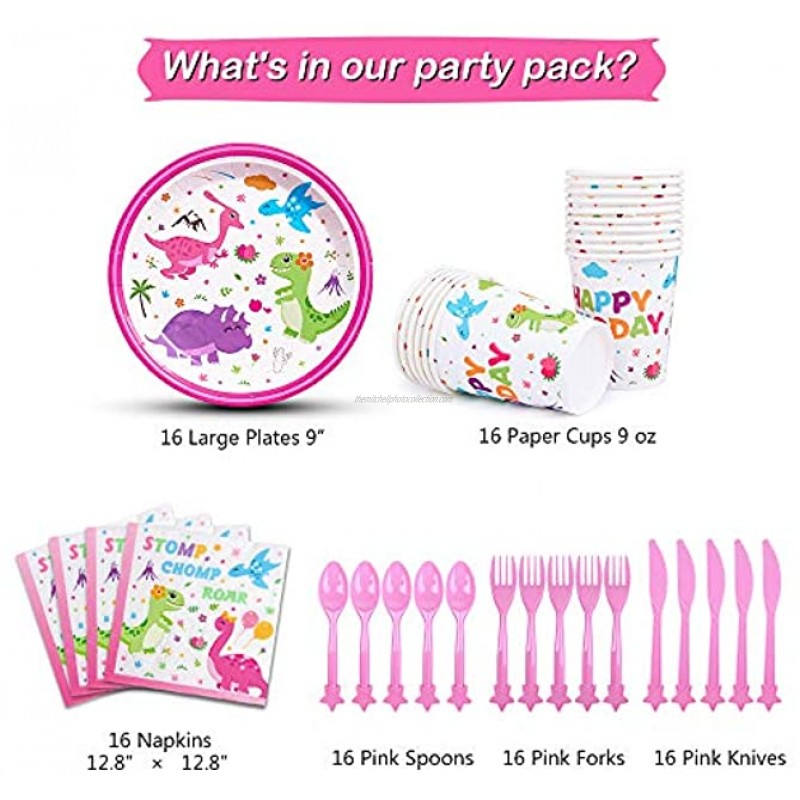 WERNNSAI Dinosaur Party Supplies Disposable Dino Themed Party Tableware for Girls Birthday Baby Shower Includes Plates Napkins Cups Knives Forks Spoons Serves 16 Guests 96 PCS