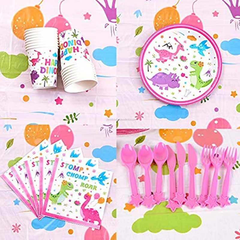 WERNNSAI Dinosaur Party Supplies Disposable Dino Themed Party Tableware for Girls Birthday Baby Shower Includes Plates Napkins Cups Knives Forks Spoons Serves 16 Guests 96 PCS