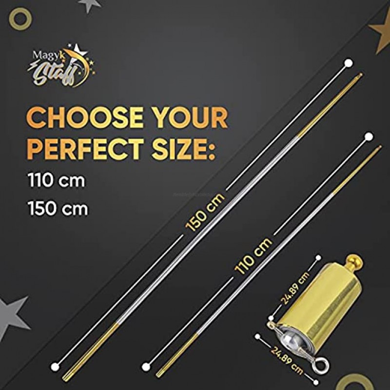 Entrepots Magic Wand Staff | Magyk Staff Collapsible Retractable Expandable | Epic Staff Pocket Staff | Magic Appearing Cane | Extendable Magic Staff w Velvet Carry Bag 150cm Silver and Gold