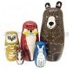 Brown Cartoon Bear Fox Owl Rabbit Raccoon Nesting Dolls Wooden Matryoshka Russian Doll Handmade Stacking Toy Set 5 Pieces for Kids