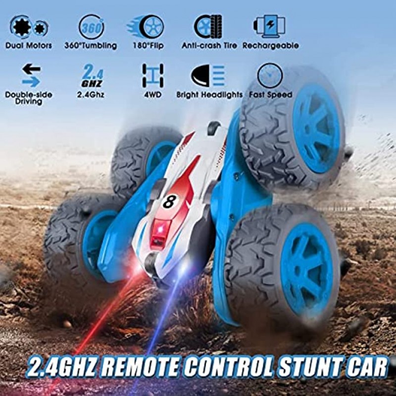 Rc Cars,Remote Control Car with Double Sided 360° Flips 2.4 Ghz High Speed RC Stunt Car with LED 4WD Off Road Truck Toys for 5+ Year Old Boys